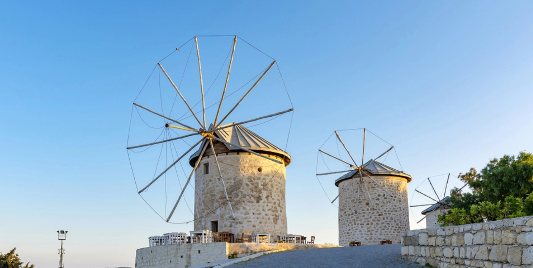 Historic stone windmills overlooking Alacati Cesme Izmir Turkey