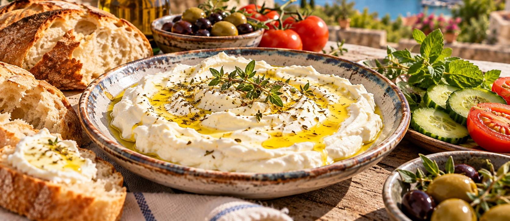 Traditional Armola cheese with olive oil and village bread in Seferihisar Izmir Turkey