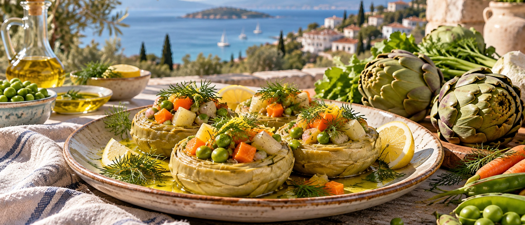 Traditional artichoke dishes enginar with olive oil in Izmir