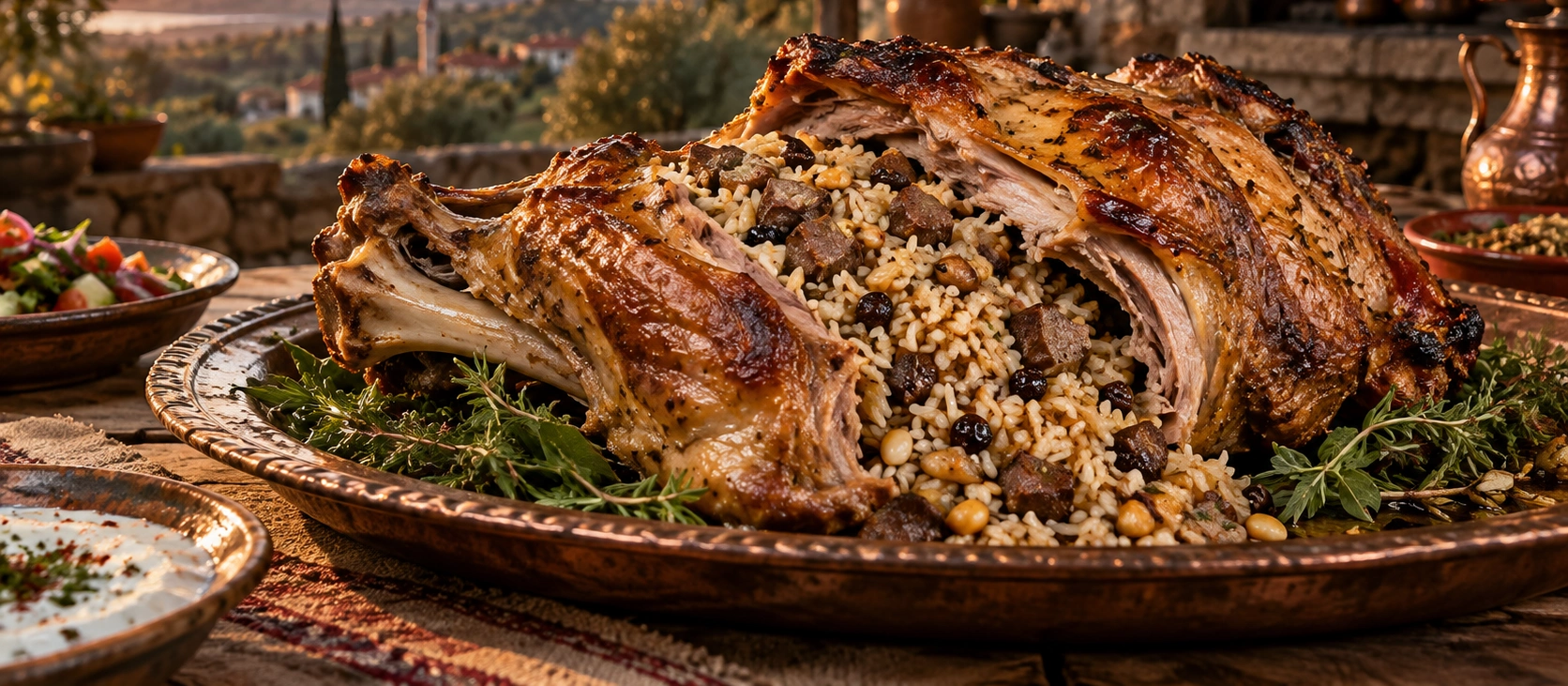 Traditional Balıkesir Sura stuffed lamb roast with rice filling