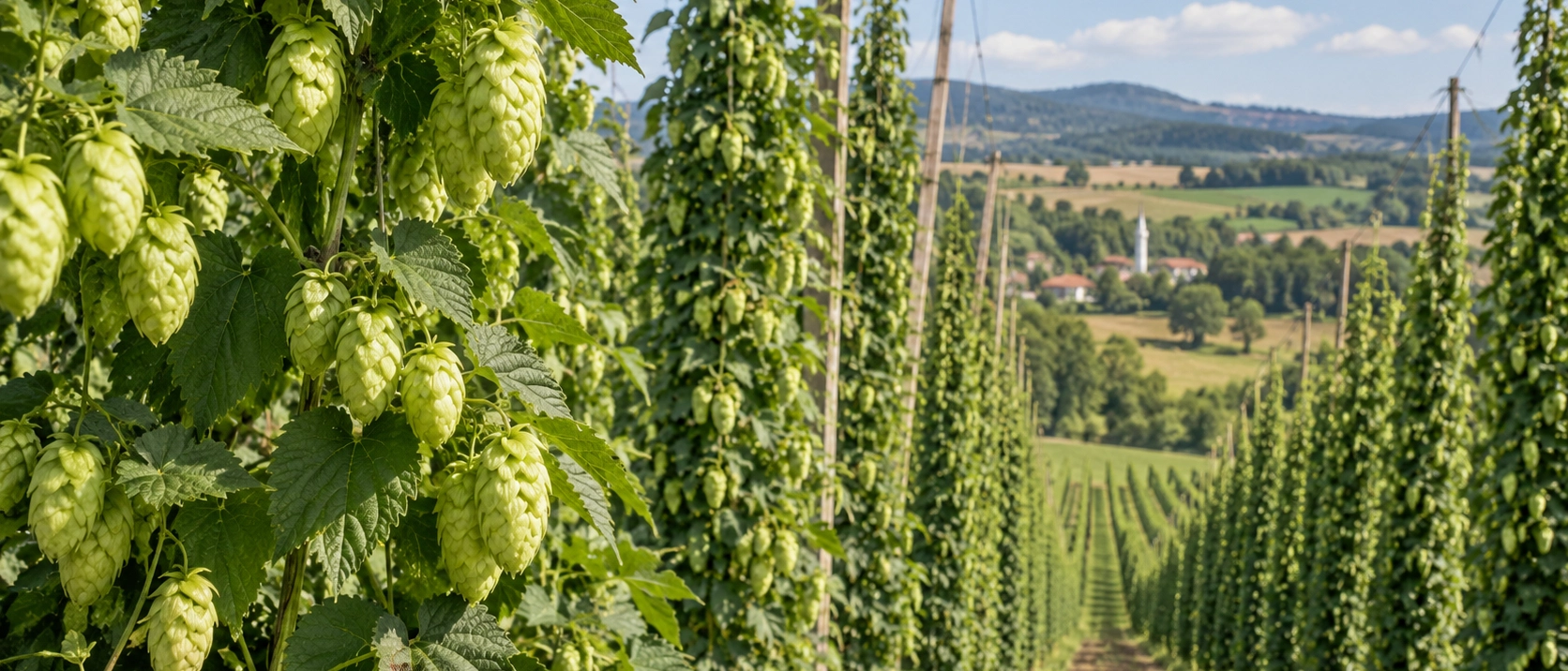 Bilecik hops growing on tall trellises in Pazaryeri