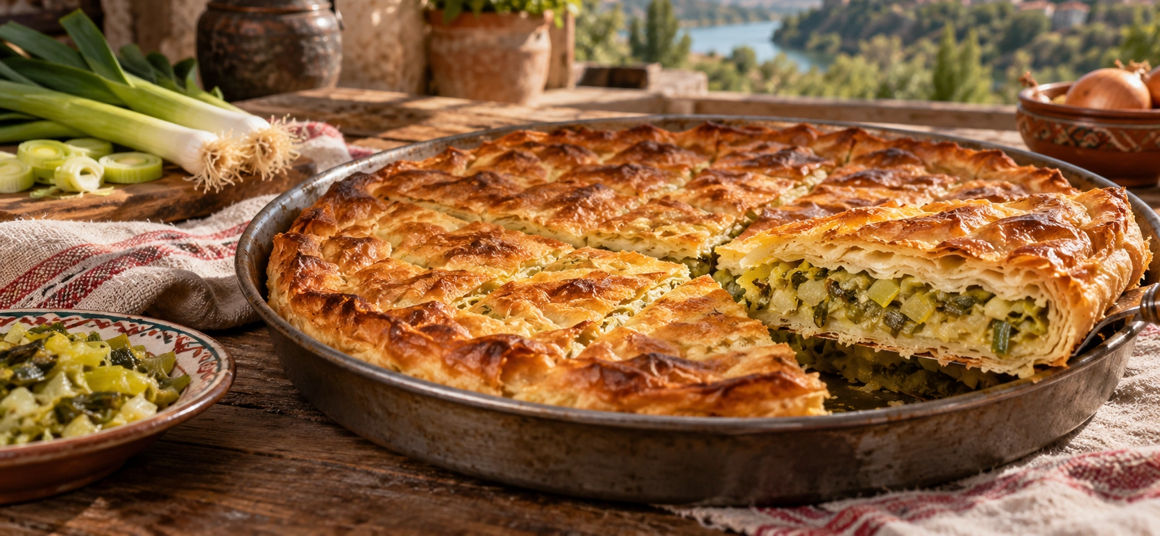 Traditional Bilecik pirasali borek with leek and onion filling in handmade layered pastry