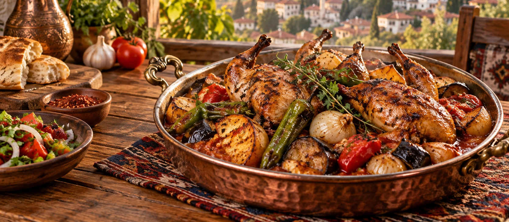 Traditional Bilecik Quail Kebab with vegetables and tomato pepper sauce