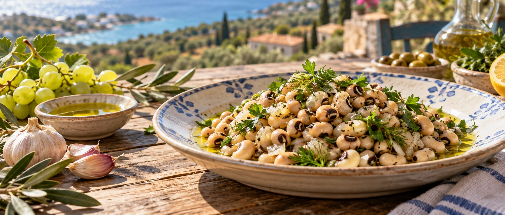 Traditional Balıkesir börülce ekşilemesi with fresh cowpea olive oil garlic and koruk juice