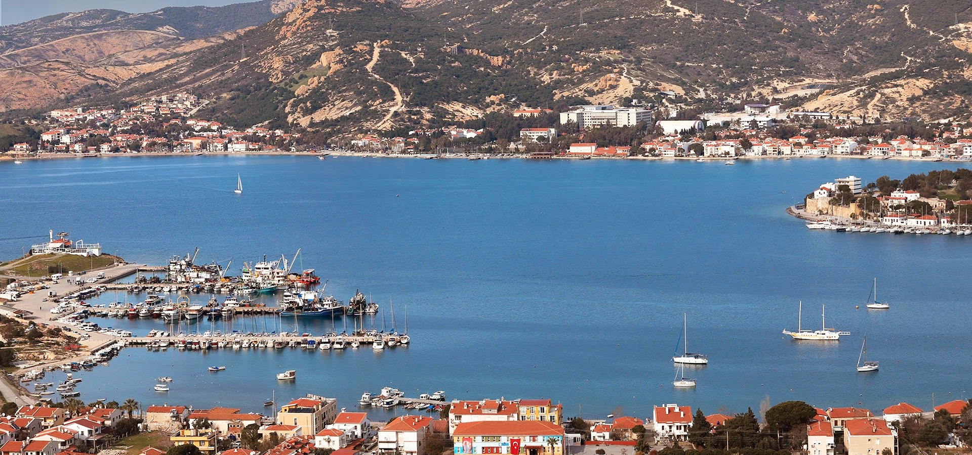 Foça harbour, stone houses and Aegean coast in İzmir Turkey