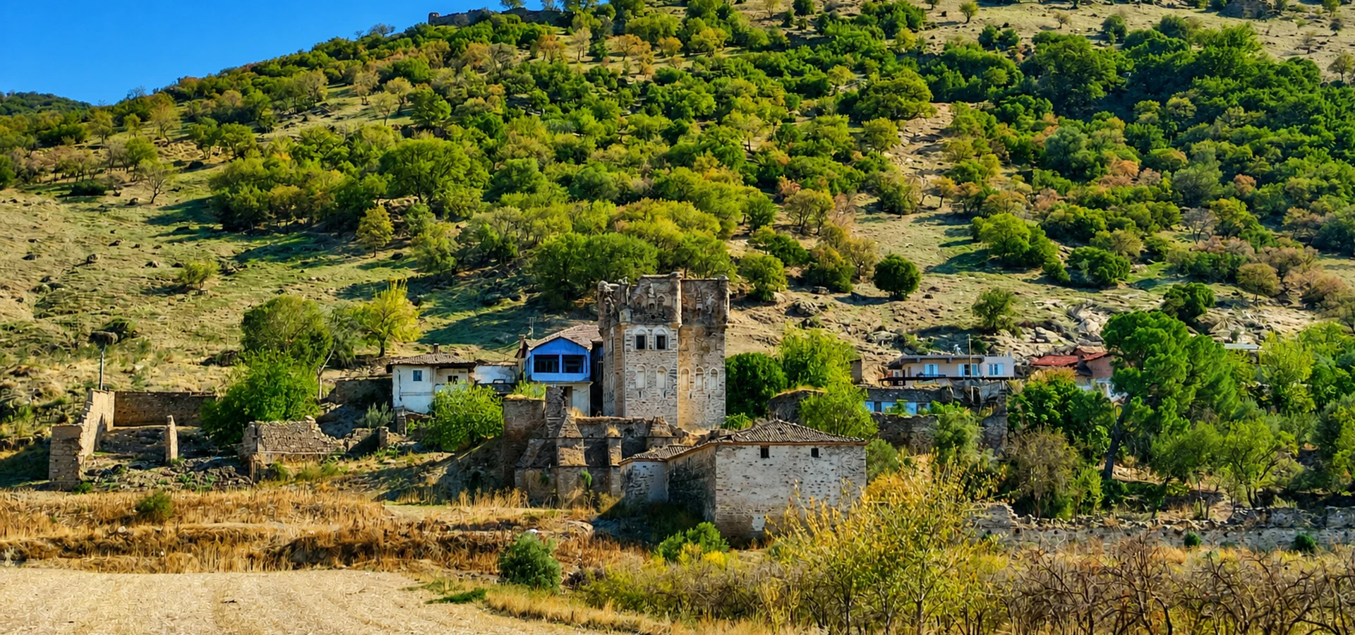 Ancient Harpasa hilltop archaeological ruins above Esenkoy in Nazilli Aydin Turkey