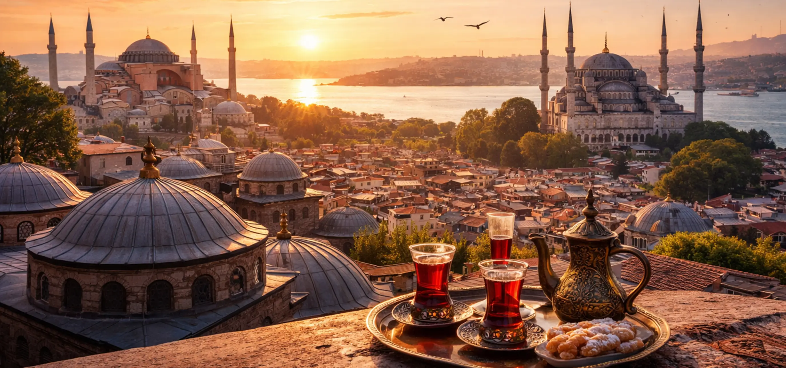 Istanbul skyline with Hagia Sophia, Blue Mosque and Bosphorus views