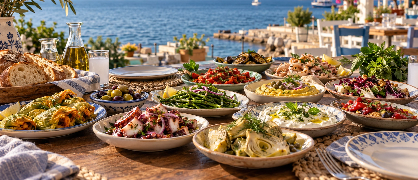 Traditional Izmir Aegean meze table with herbs vegetables olive oil and seafood