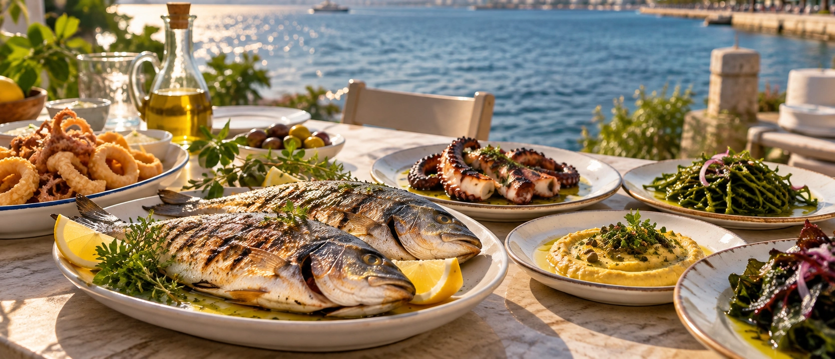 Traditional seafood and meze table beside the Aegean coast in Izmir