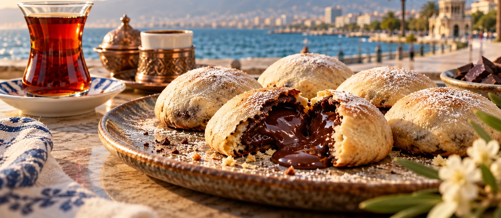 Traditional Izmir Bombasi pastry with thin dough and molten chocolate filling