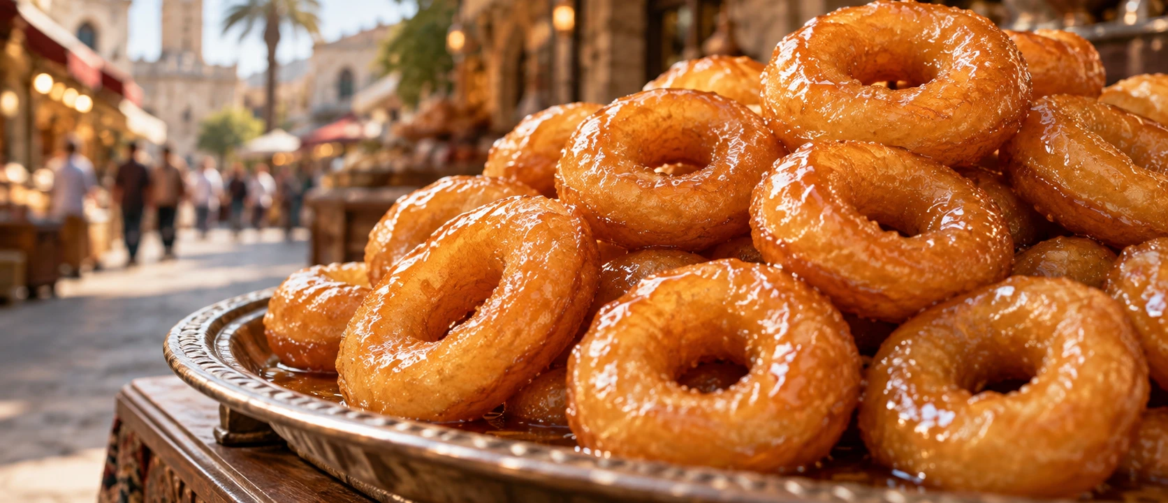 Freshly fried ring shaped Izmir Lokma with golden syrup glazed surface