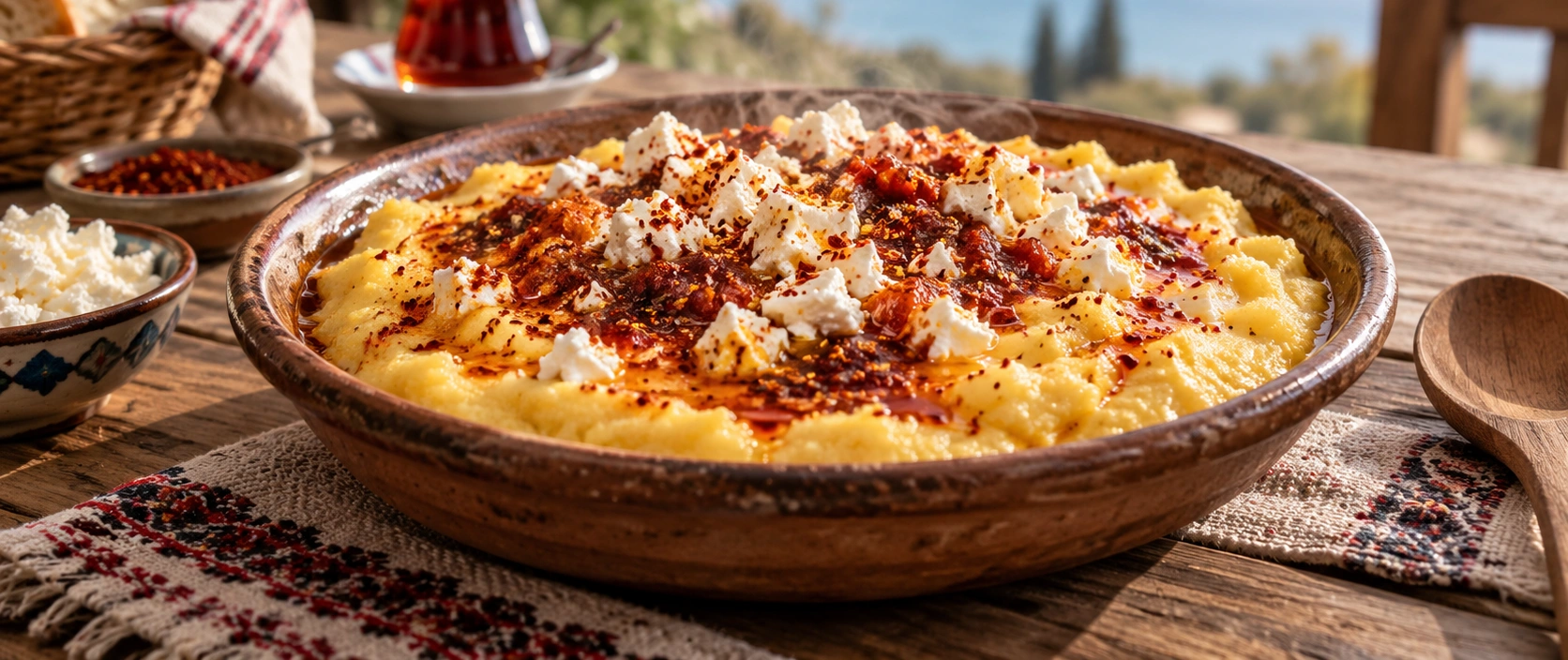 Traditional Yalova Kaçamak with butter, tomato paste, white cheese and pul biber