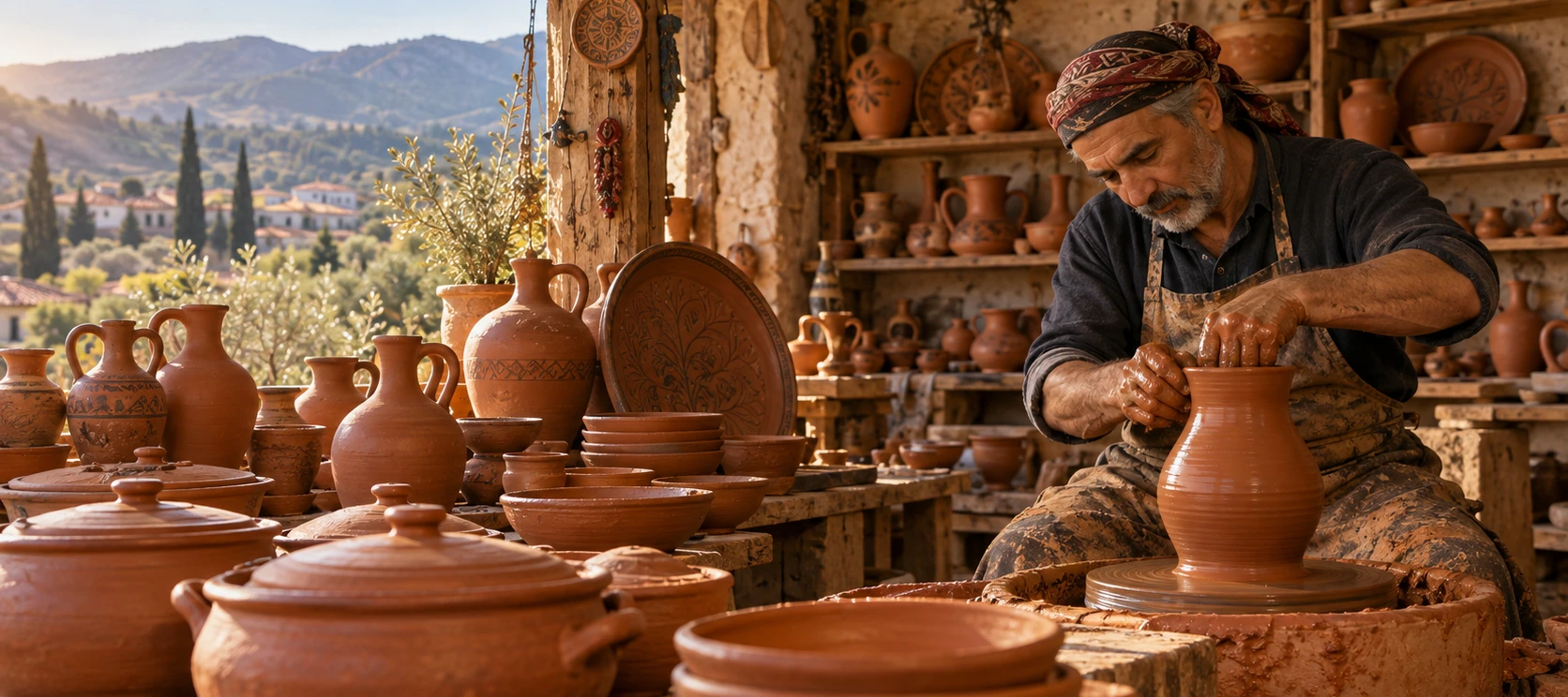Traditional Karacasu pottery workshop with handmade red clay vessels and artisan craftsmanship in Aydın Türkiye