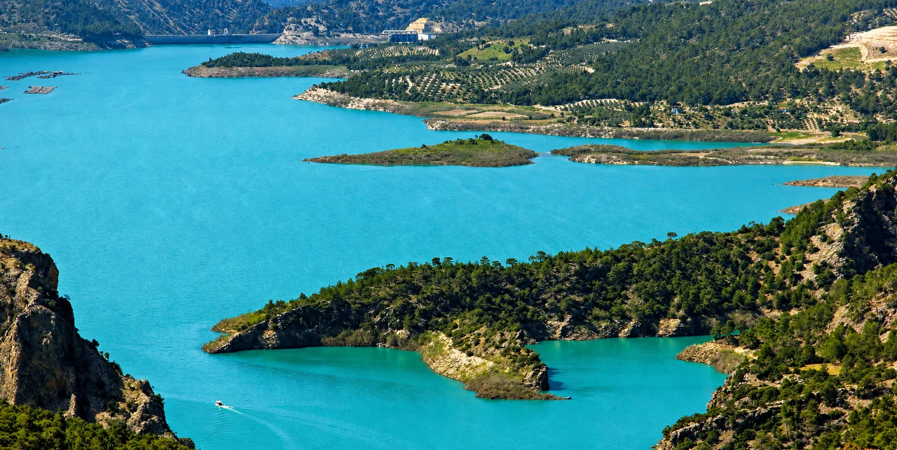 Kemer Dam reservoir surrounded by mountains in Bozdoğan Aydın Türkiye