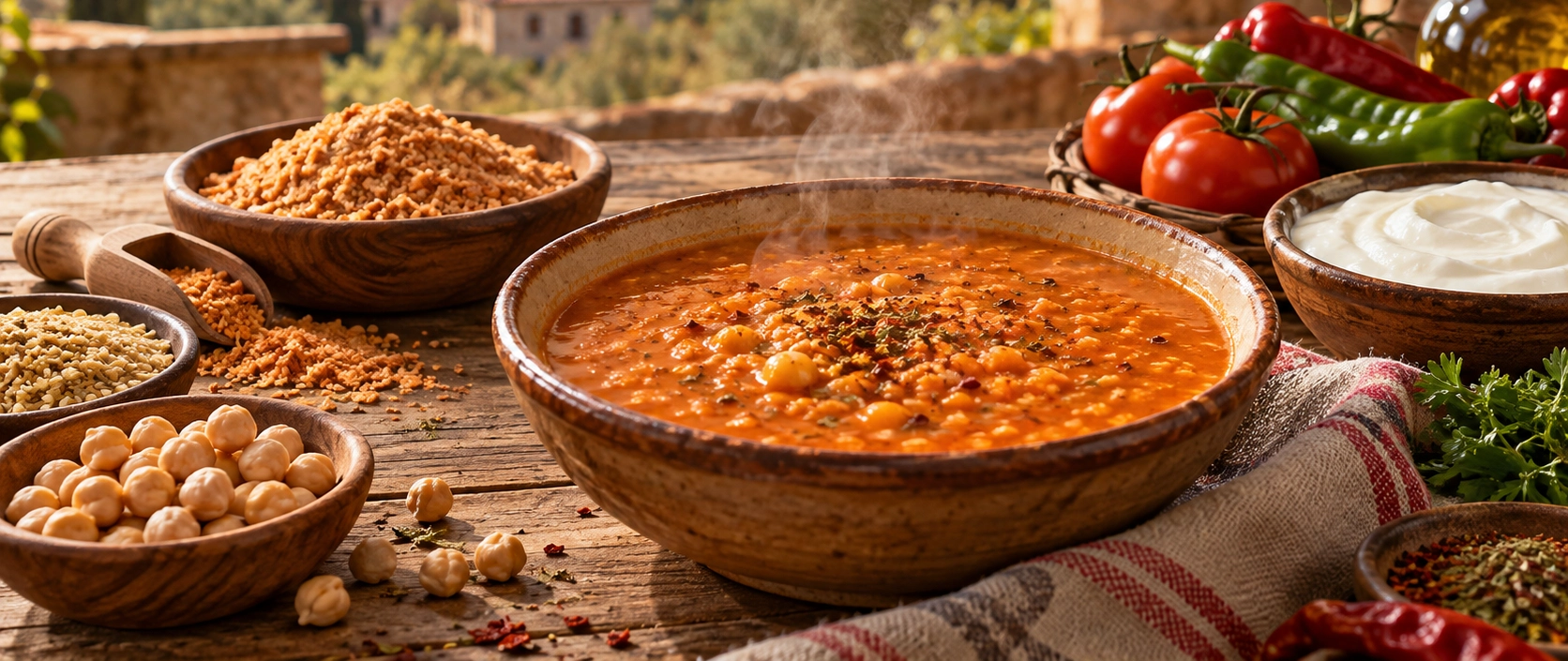 Traditional Balıkesir Manav Tarhanası soup made from dried tarhana with yoghurt grains chickpeas tomato and pepper