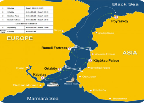 Afternoon Bosphorus and Black Sea cruise route in Istanbul