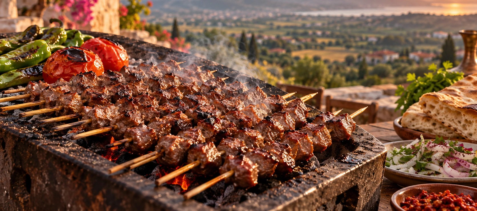 Traditional Ortaklar Çöp Şiş featuring miniature charcoal-grilled beef skewers from Aydın