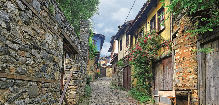 Historic Ottoman houses and cobblestone street in Cumalikizik village