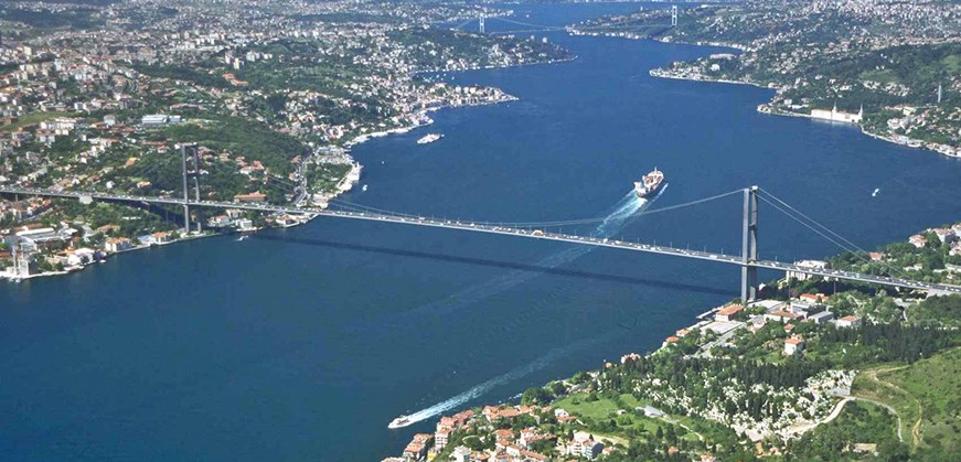 Bosphorus cruise passing Dolmabahce Palace in Istanbul