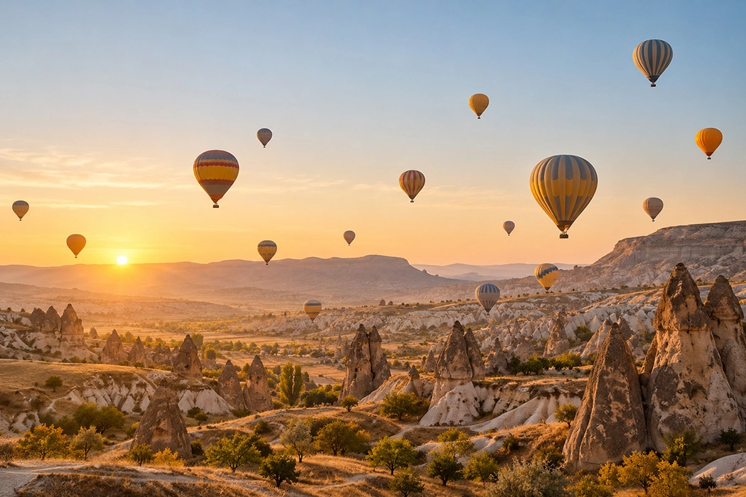 Warm-toned fairy chimneys and dramatic stone valleys in Cappadocia