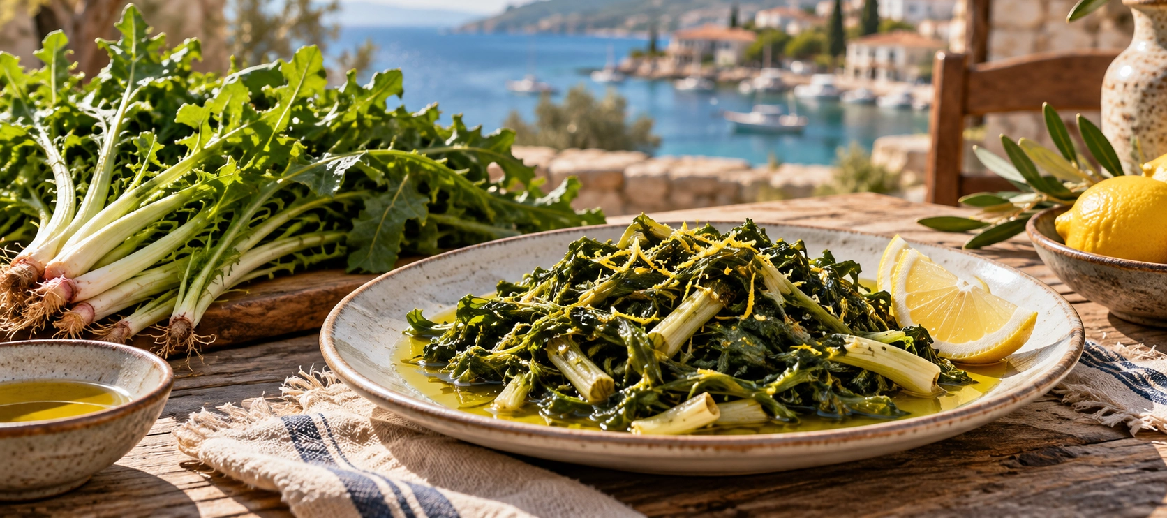 Traditional radika wild chicory greens with olive oil and lemon in Izmir