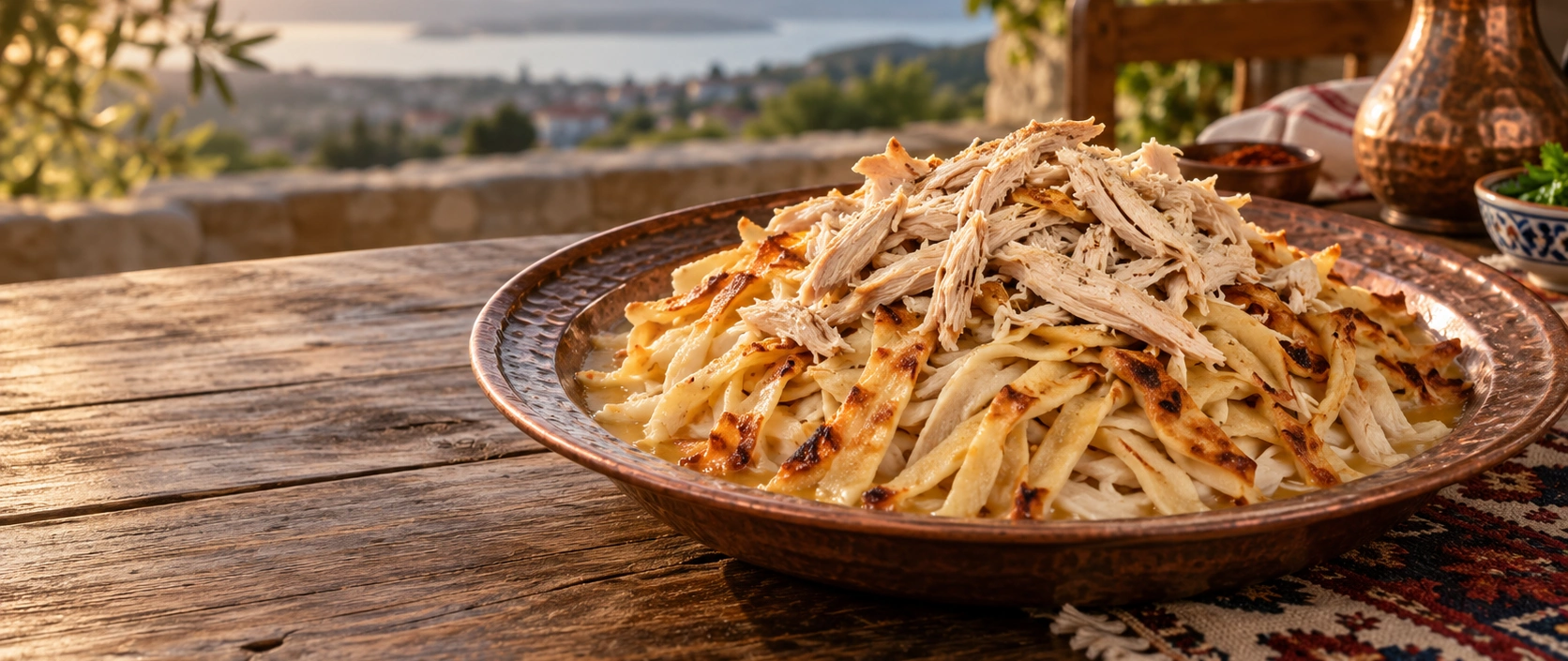 Traditional Balıkesir Saçaklı Mantı with shredded chicken