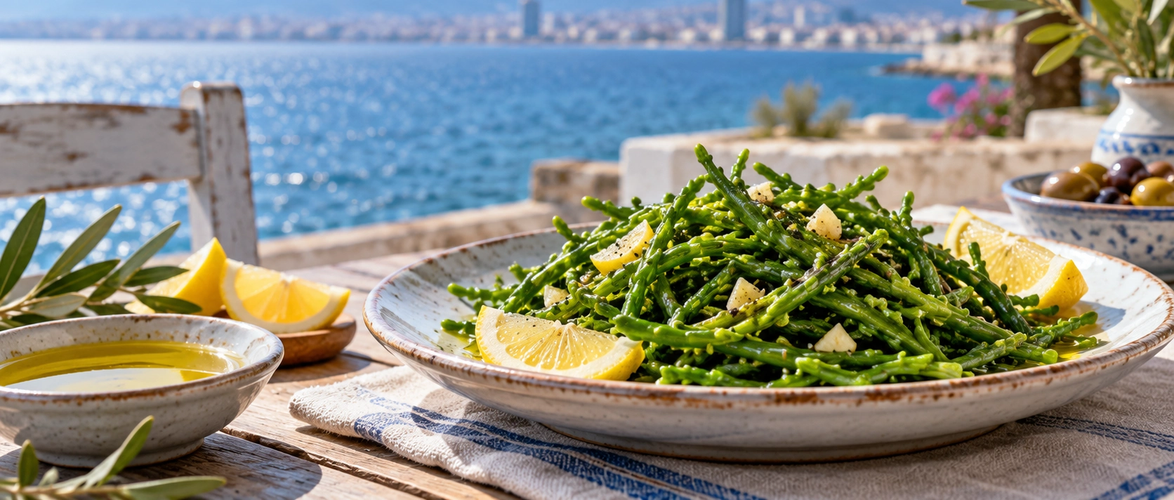 Traditional deniz borulcesi samphire meze with olive oil and lemon in Izmir