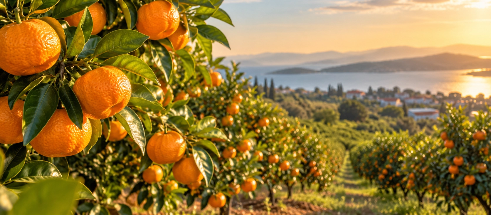Ripe Seferihisar Satsuma mandarins growing in an orchard in Izmir Turkey