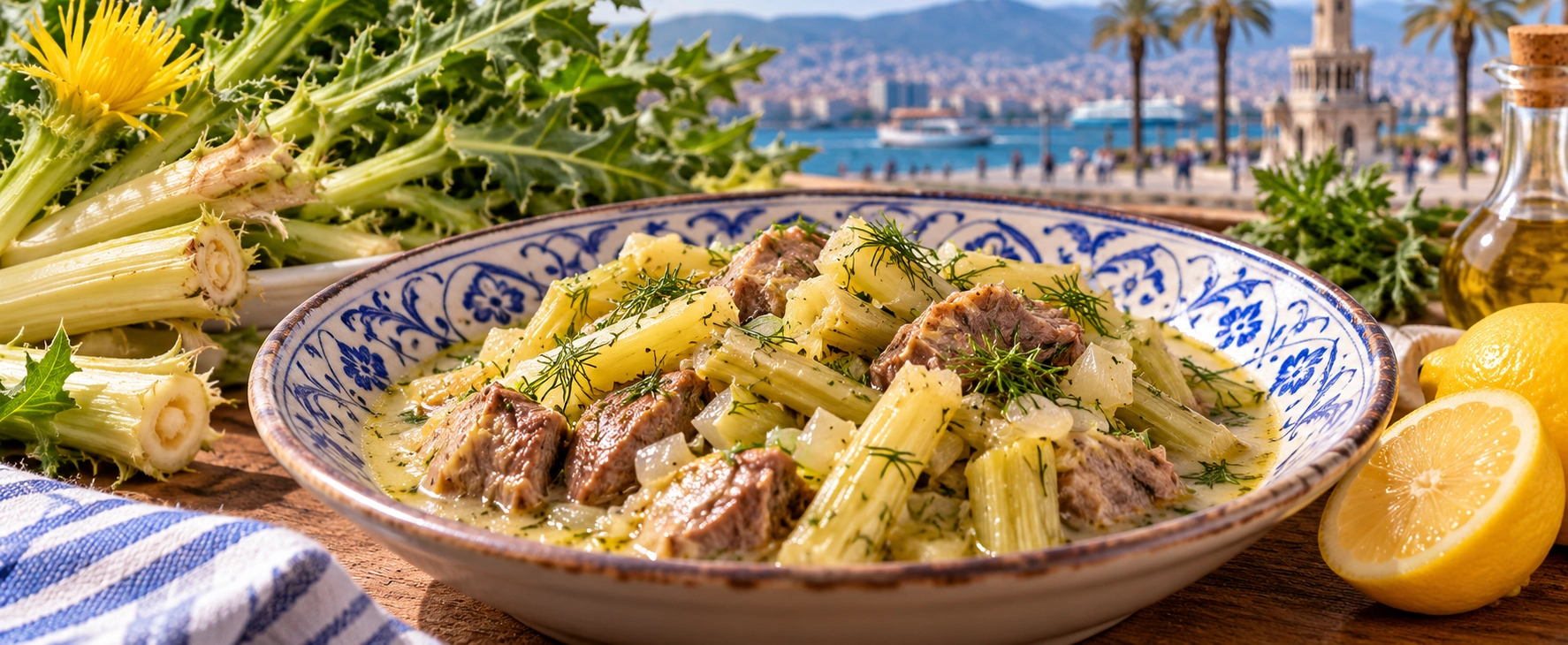 Traditional sevketi bostan golden thistle with lamb and lemon in Izmir