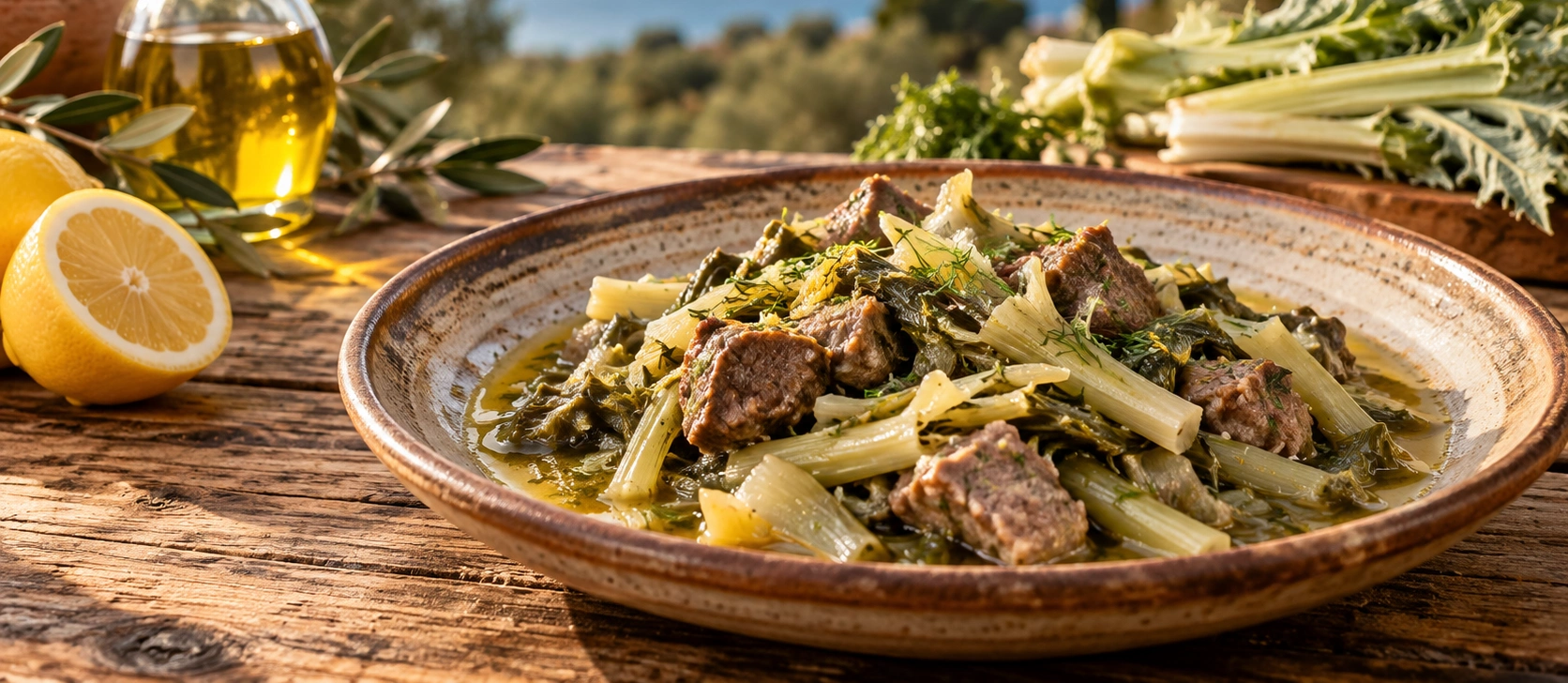 Traditional Söke Şevketi Bostan dish with wild greens and meat