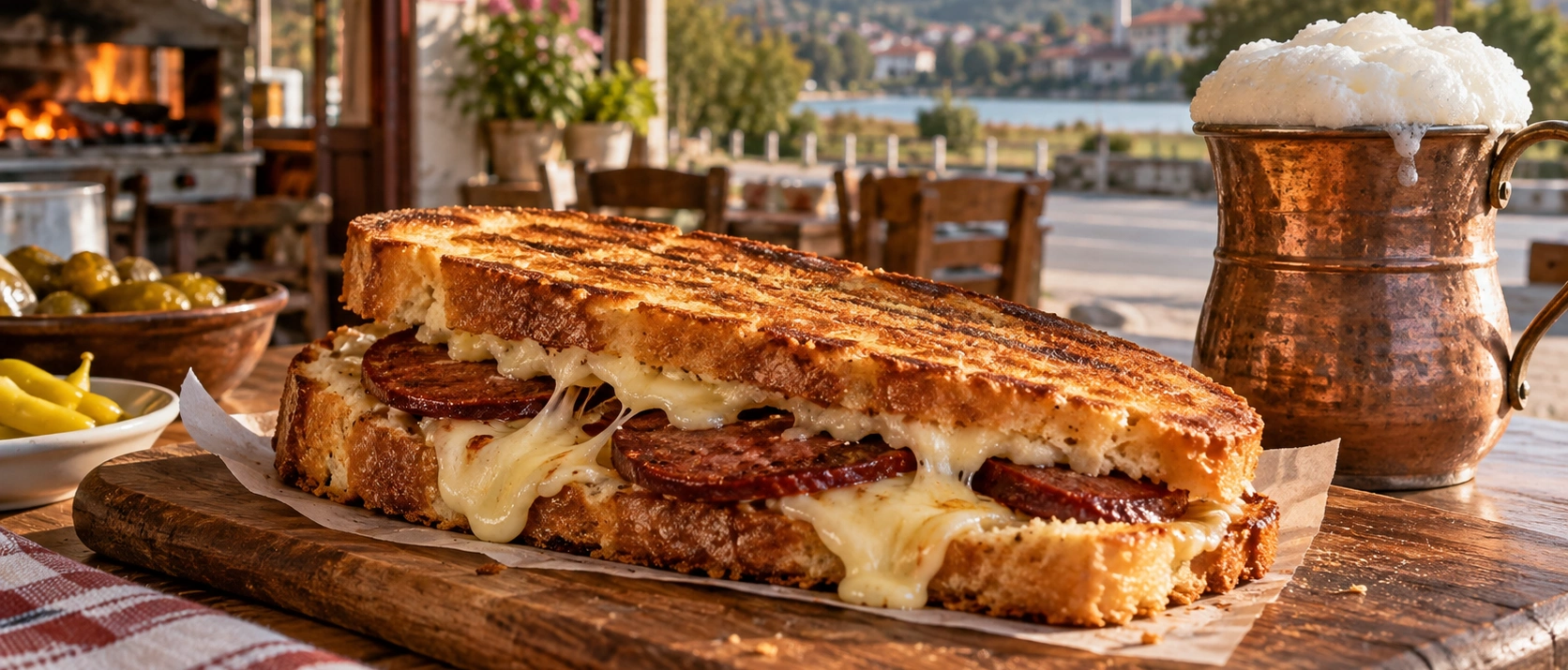 Traditional Susurluk Tostu with crisp tava bread, mature cheese and foamy Susurluk Ayranı