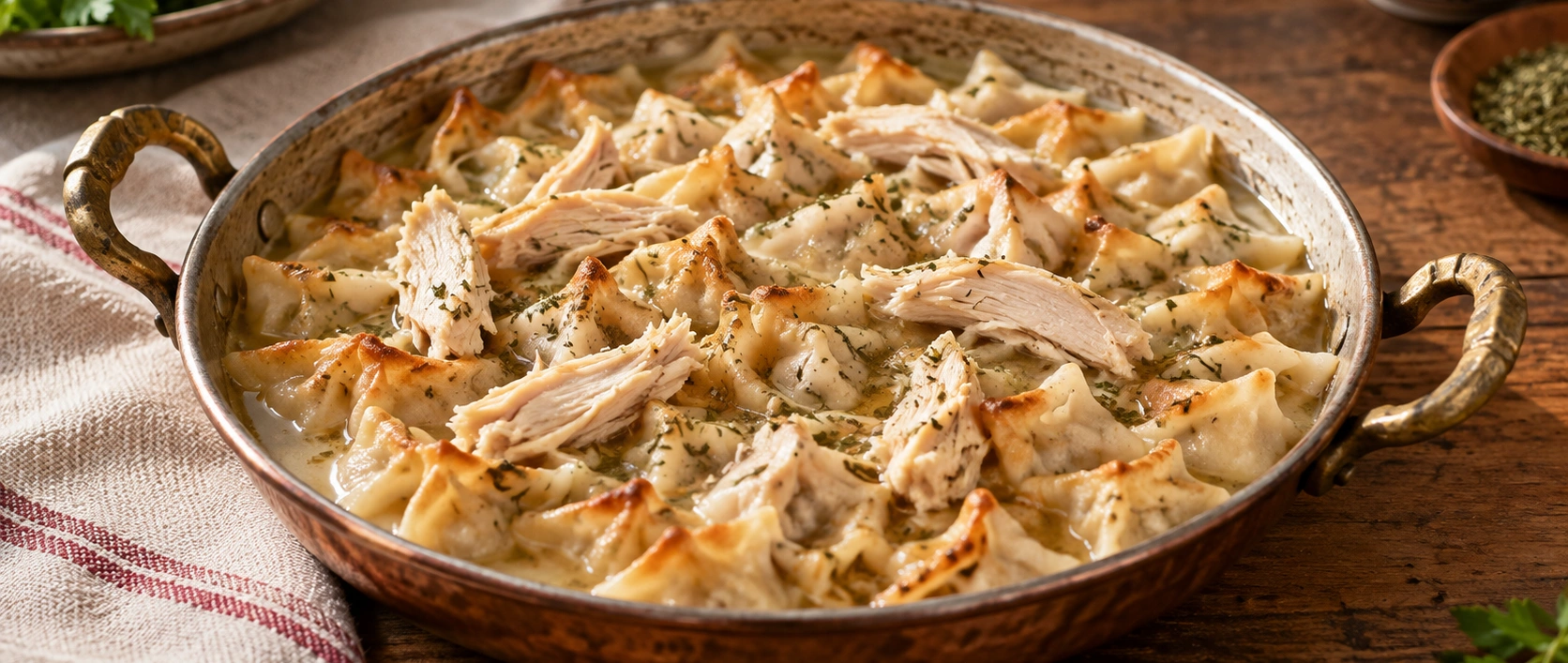 Traditional Yalova Tavuklu Mantı with chicken broth and chicken meat