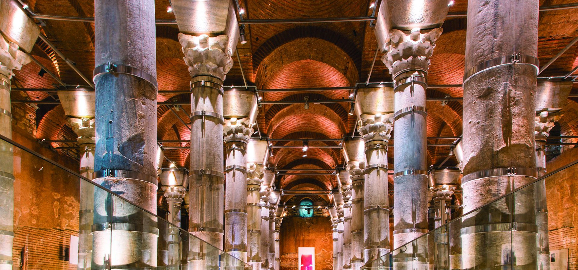 Theodosius Cistern Serefiye Sarnici illuminated marble columns Istanbul