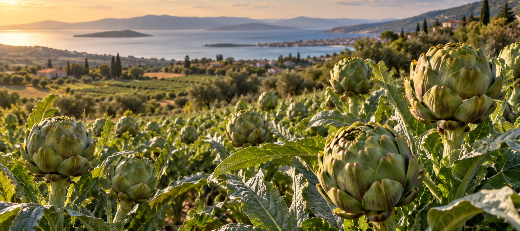 Fresh Urla Sakız artichokes growing in an artichoke field on the Izmir Peninsula Turkey