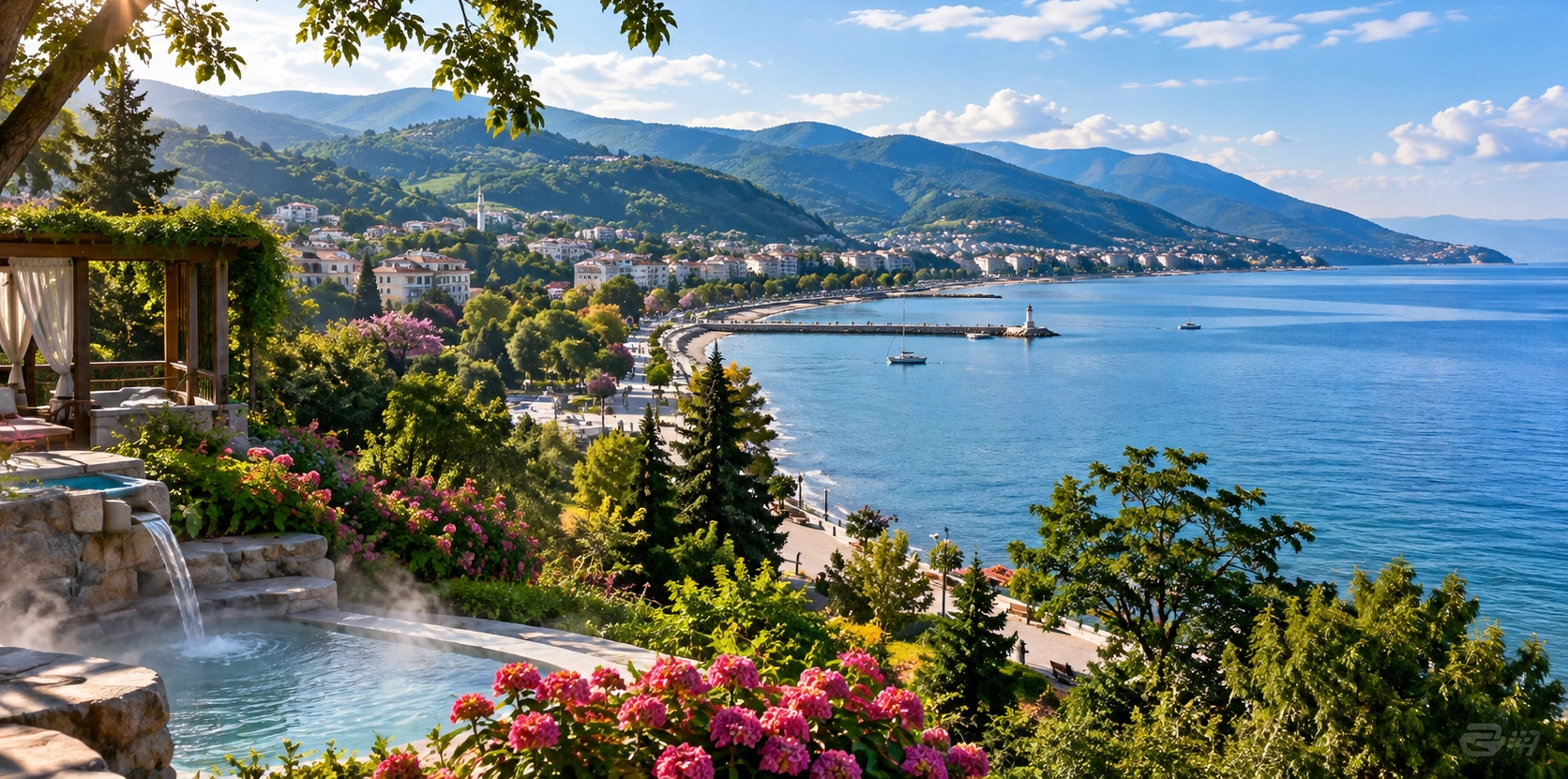 Yalova landscape with Termal hot springs, waterfalls, Marmara coast, Hersek Lagoon and Atatürk heritage